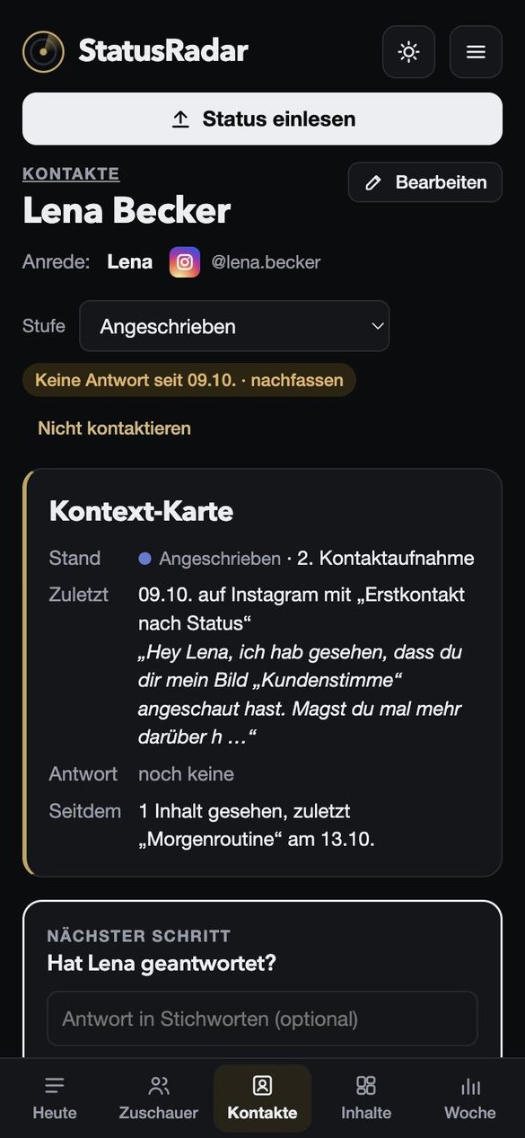 Kontakt: Verlauf, nächster Schritt und fertige Nachricht